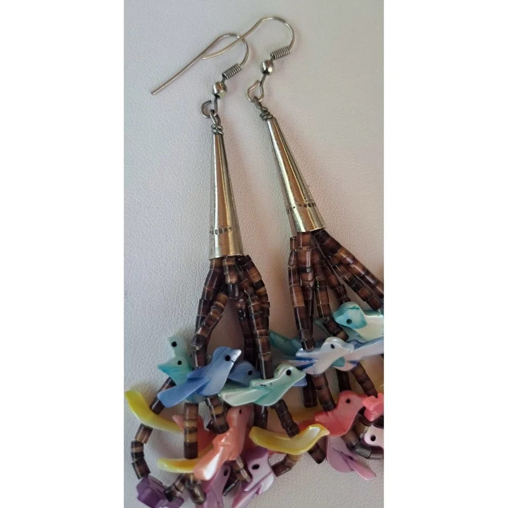 Vtg Native American Zuni Fetish Heishi Beaded Earrings - Picture 5 of 6